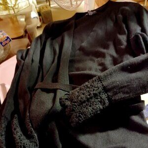 Elegant Alexandra Bartlett Black Cardigan Sweater with Crochet Lace Trim – Sz 1X